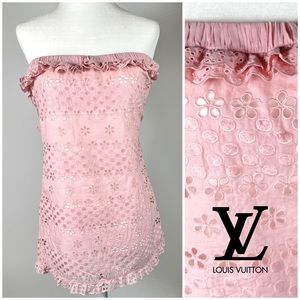 Louise Vuitton Paris eyelet ruffle embroidery tube top